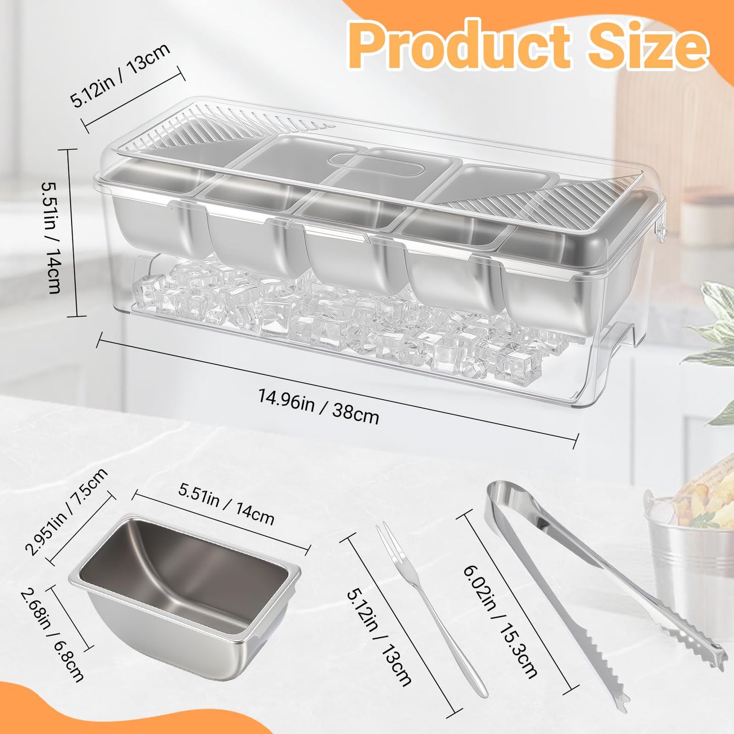 Large Ice Chilled Condiment Server Caddy with 5 Stainless Steel Removable Compartments, Clear Plastic Garnish Tray with Lid, 5 Forks and 2 Tongs, Fruit, Salad, Taco, Bar Platter for Party Bar Supplies