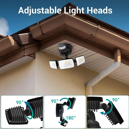 TONGLIN Security Light Outdoor, 4200LM 75LED Wiring Motion Sensor Lights, 42W 3-Head Angel Adjustable Flood Light with Remote Control, IP66 Waterproof Garden Light for Porch Patio Driveway Pathway