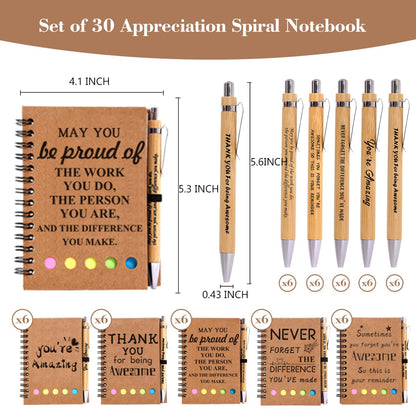 30 Sets Employee Appreciation Gifts Bulk Inspirational Spiral Notebook with Sticky Note and Motivational Bamboo Pens Thank You Gifts for Employees Coworkers,Teachers,Nurse,Office Staff,Team,Volunteer