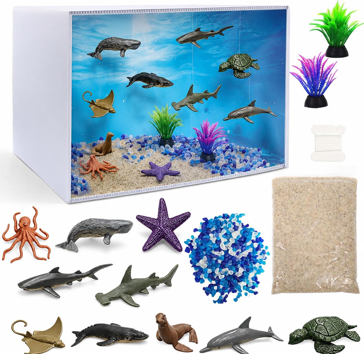 Ocean Diorama Kit, Ocean Habitat Project Supplies with Diorama Box, Sea Animals Figures, Seagrass, Decorative Crystal Pebbles, Sands, Sea Animal Habitat Diorama Kit for Gifts DIY Crafts