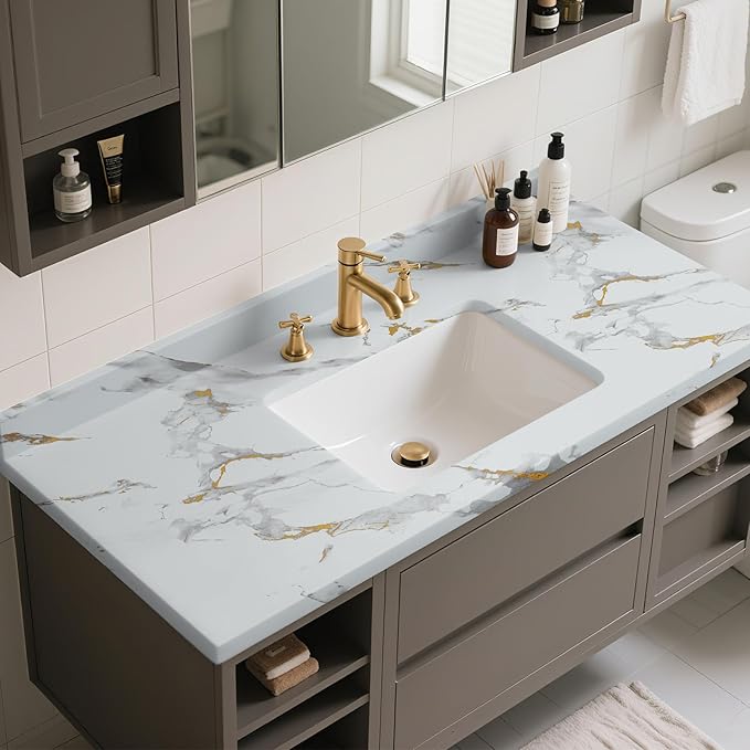 practicalWs Glossy Marble Wallpaper Peel and Stick White/Gold Granite Contact