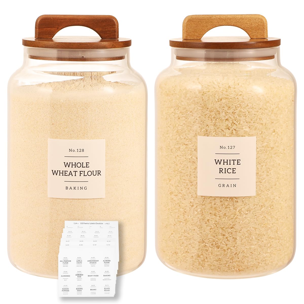 CZDYSM 2 Pack Large Glass Flour and Sugar Containers with 132 Pantry Labels - 1 Gallon Glass Canisters with Bamboo Airtight Lids - Farmhouse Glass Cookie Jars for Rice, Pasta, Cereal, Bath Salt
