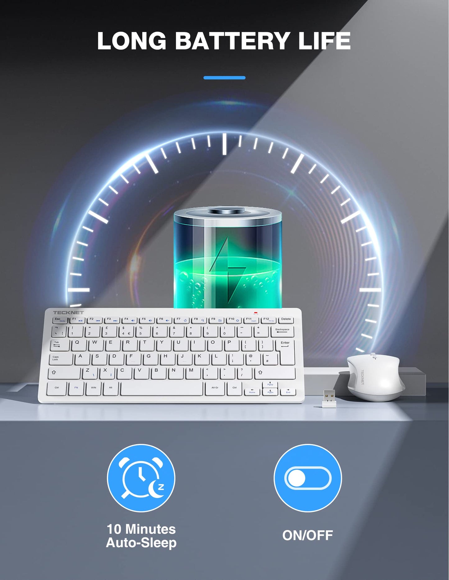 TECKNET Mini Wireless Keyboard and Mouse Set, 2.4G Cordless USB Keyboard and Silent Mouse Comb with Nano USB Receiver, 12 Multimedia Shortcuts for Computer, PC, Laptop, Desktop, Android Smart TV