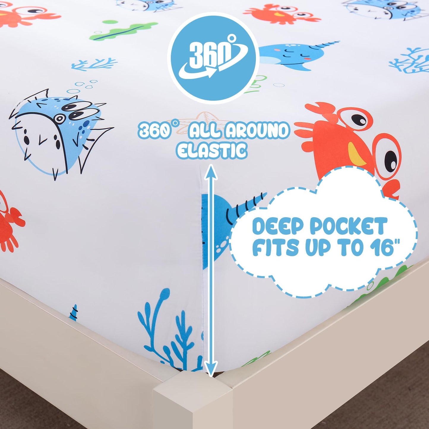 Yibeizi Full Size Sheet Sets Kids Beach Bedding Coastal Bed Sheets for Boys Ocean Print Bedsheets Microfiber Deep Pocket Nautical Patterned Bed Sheet & Pillowcase Sets 4 Pieces