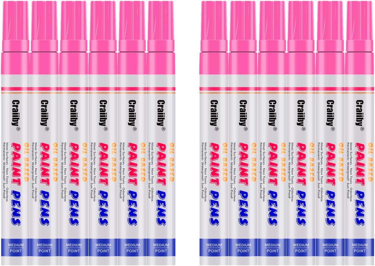 Pink Paint Markers, 12 Pack Oil-Based Waterproof Quick Dry Permanent Paint Pen Set for Rocks Painting, Wood, Fabric, Plastic, Canvas, Glass, Mugs, Metal, Tire, Stone, DIY Craft