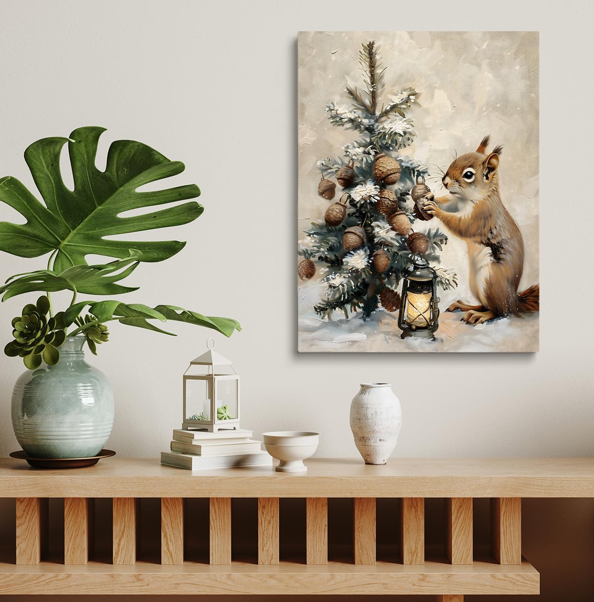 Tree Decor Winter Wall Art, Winter Squirrel Print, Snowy Pine Tree, Rustic Lantern, Acorn Ornaments, Holiday Scene Art, Woodland Christmas,Christmas Rustic Farmhouse Decor 16x24inch Unframed