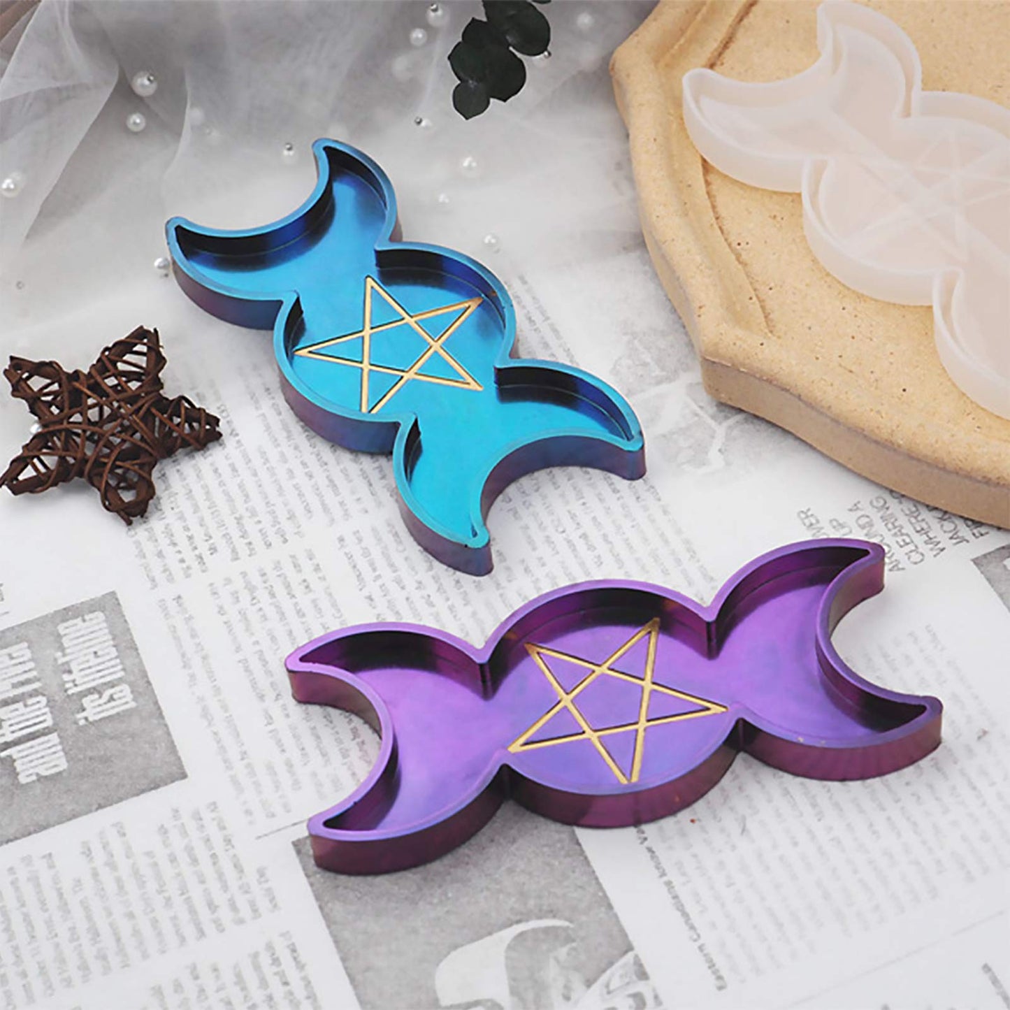 Moon Phase Incense Holder Epoxy Resin Silicone Molds Set Triple Goddess Candle Tray, Ash Catcher, Storage Box 5-Count Around 10inch Long