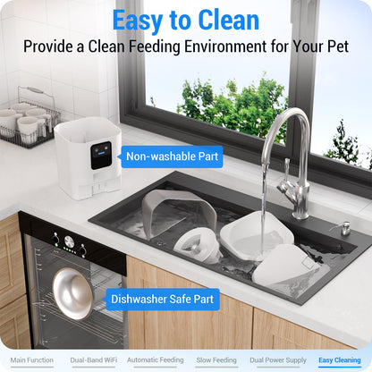Frienhund Automatic Cat Feeder with Slow Feed: 5G WiFi Automatic Dog Feeder with Large Pet Food Storage, Auto Cat Food Dispenser with Alexa for Multiple Pets, Detachable for Easy Cleaning - 29 Cup（7L）