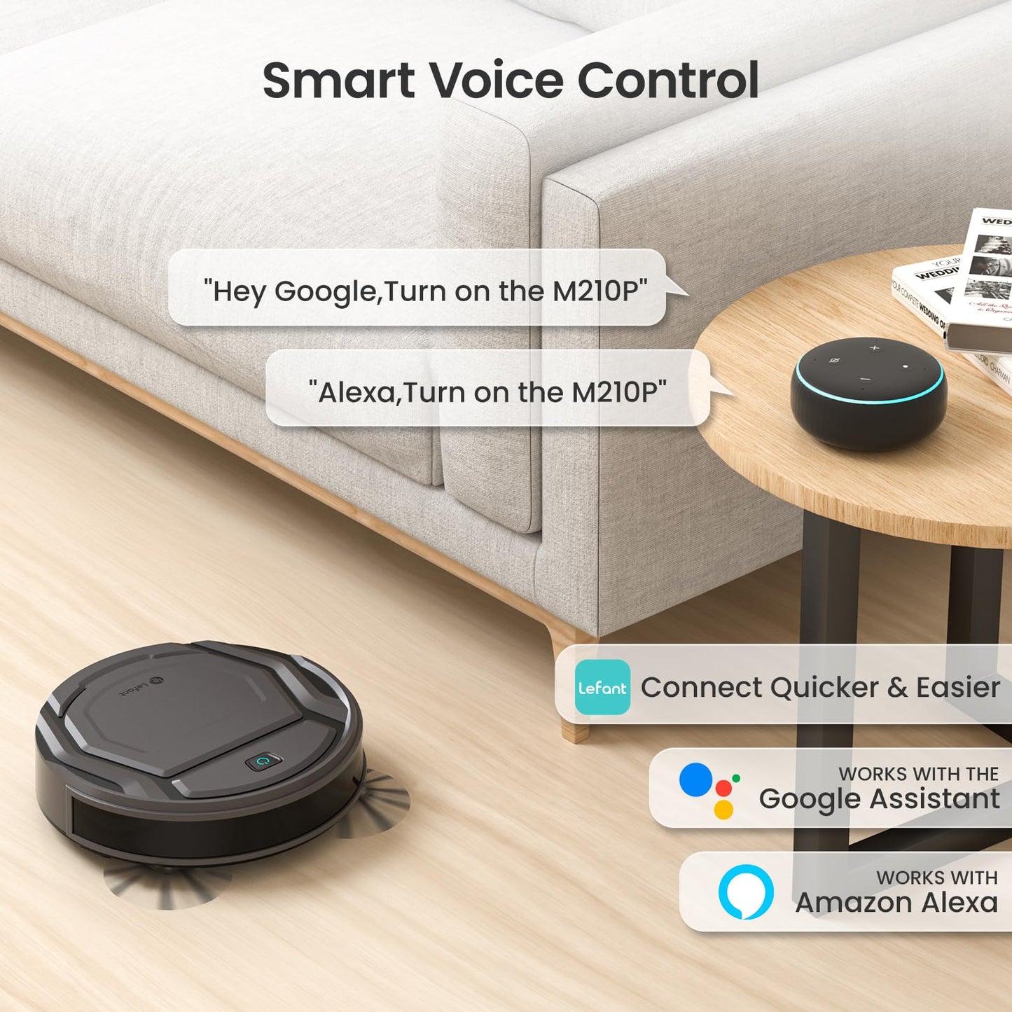 Lefant Robot Vacuum Cleaner, 120 Mins Runtime, Compact Design, Low Noise, Powerful Suction, Wi-Fi/App/Voice Control, Self-Charging, Scheduled Cleaning, Ideal for Pet Hair and Hard Floors, M210 Black