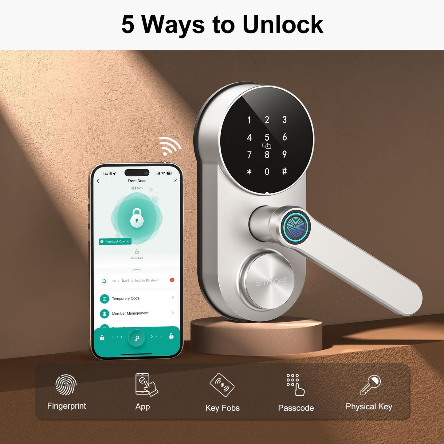 Smart WiFi Door Lock with Handle: SMONET Keyless Entry Lock with Fingerprint for Front Door Anti-peep Keypad Compatible with Alexa