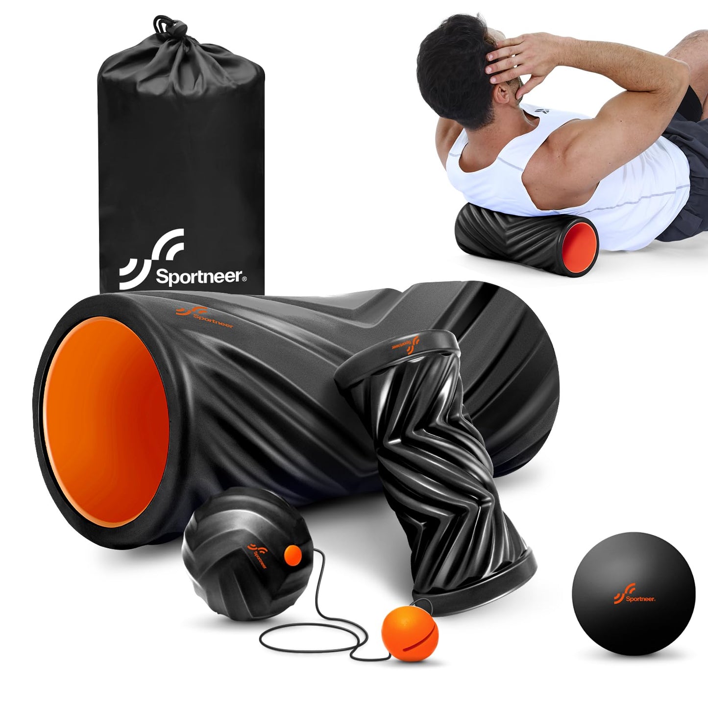 Sportneer 4 in 1 Foam Roller Set: Dual Textures Foam Roller, Foot Roller, Lacrosse Ball, Traction Massage Ball with String, Deep Massage Roller for Whole Body Release, Physical Therapy (Black)