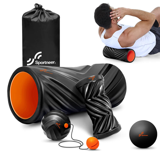 Sportneer 4 in 1 Foam Roller Set: Dual Textures Foam Roller, Foot Roller, Lacrosse Ball, Traction Massage Ball with String, Deep Massage Roller for Whole Body Release, Physical Therapy (Black)