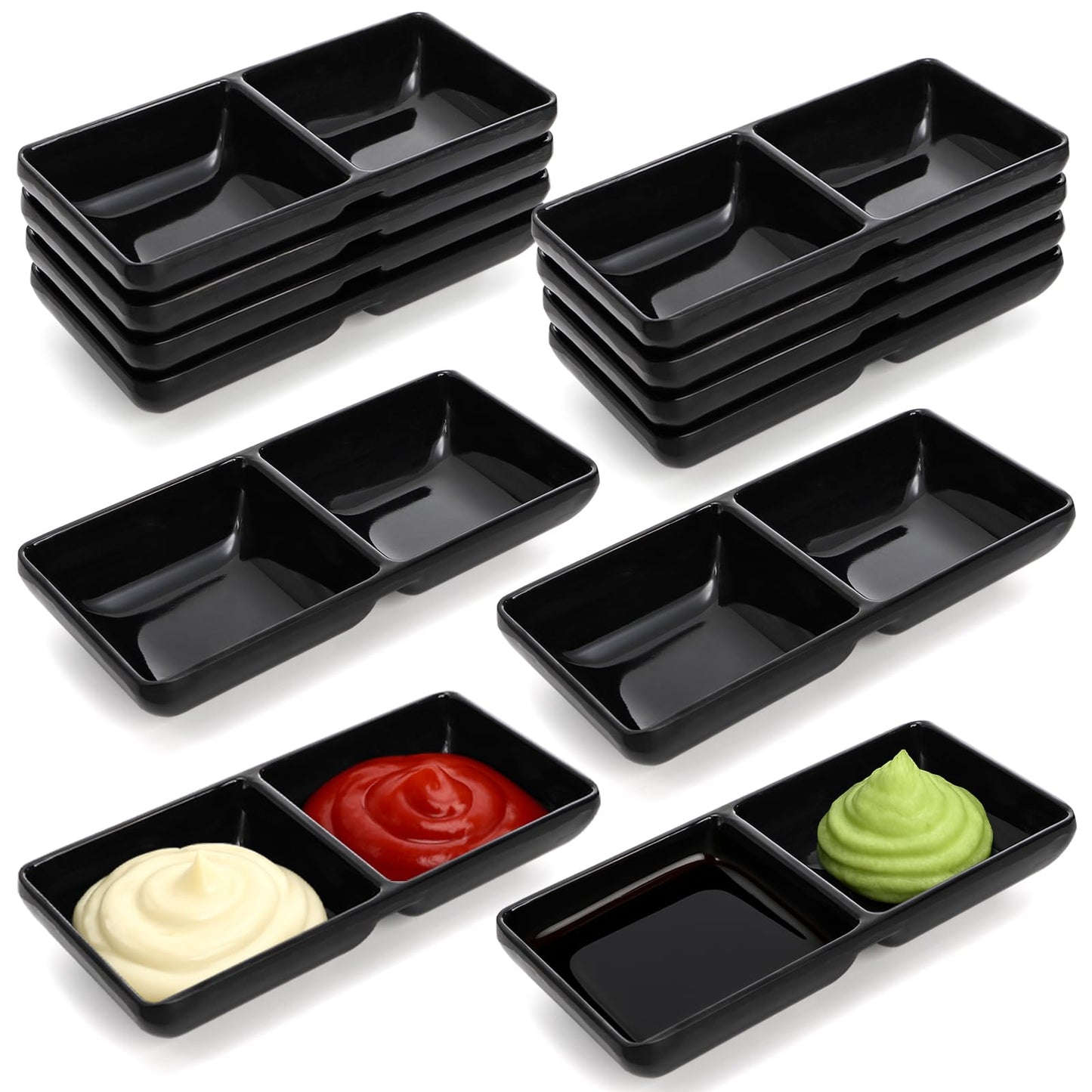 Jowgut 12 Pieces Dual Dipping Sauce Bowls, Melamine Soy Sauce Dish with 2 Compartments, Divided Fondue Plate Appetizer Plate for Restaurant Kitchen Parties Condiments Sauce Ketchup Dishwasher Safe