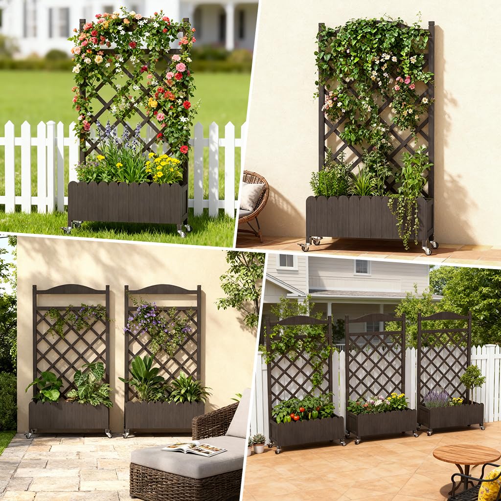 COMHOMA 2 Pack Raised Garden Bed with Trellis and Wheels,48Inch Elevated Planter Box with Drainage Holes,Lattice Privacy Screen for Climbing Plants Vegetables,Outdoor for Patio Balcony Yard,Brown
