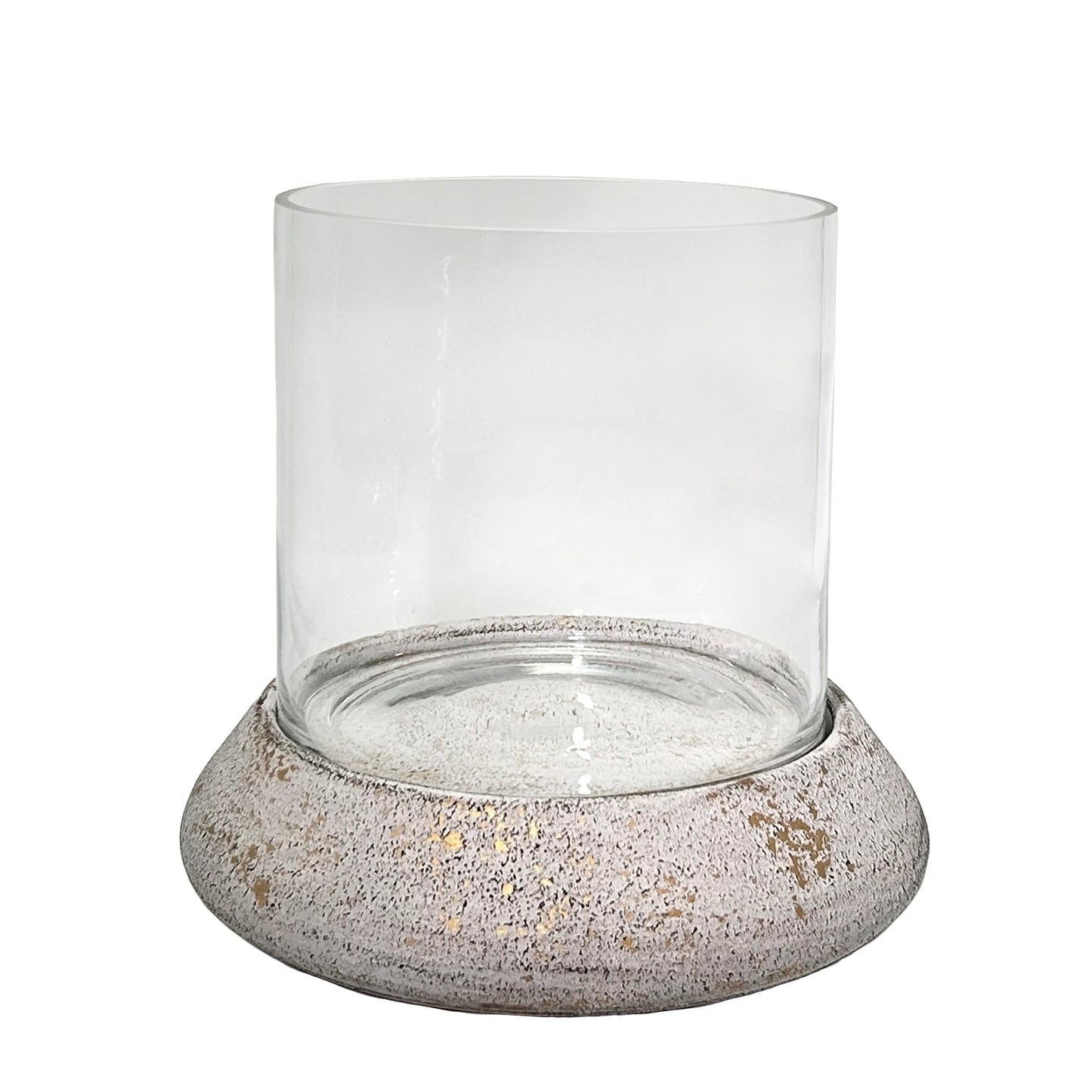 10.5" Farmhouse Glass Hurricane Candle Holder & Glass Vase with Shabby White Metal Base for Pillar & Flower Arrangement, Candlestick Holder, Terrarium, Centerpiece, Console Table, Dining Table, Mantel