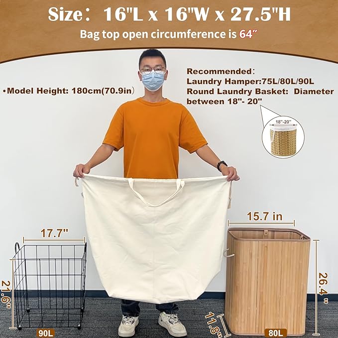 Canvas Laundry Bags with Handles & Square Base 16"Lx16"W x27.6"H, Extra Large