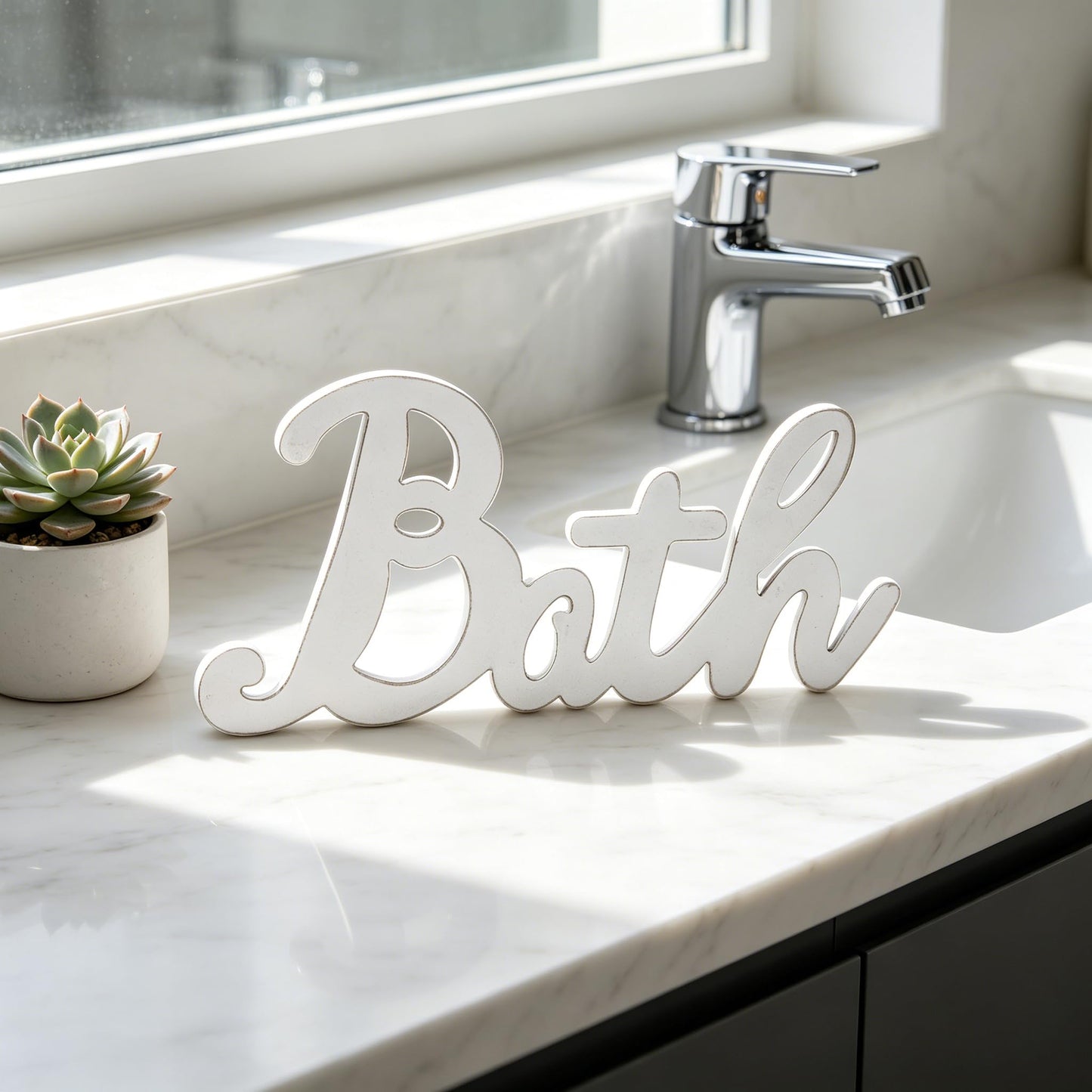 Sintosin Rustic Bath Signs for Bathroom 14 inches, Hanging Distressed White Bathroom Sign Decor for Shelf, Wooden Wall Signs for Home Decor, Decorative House Sign