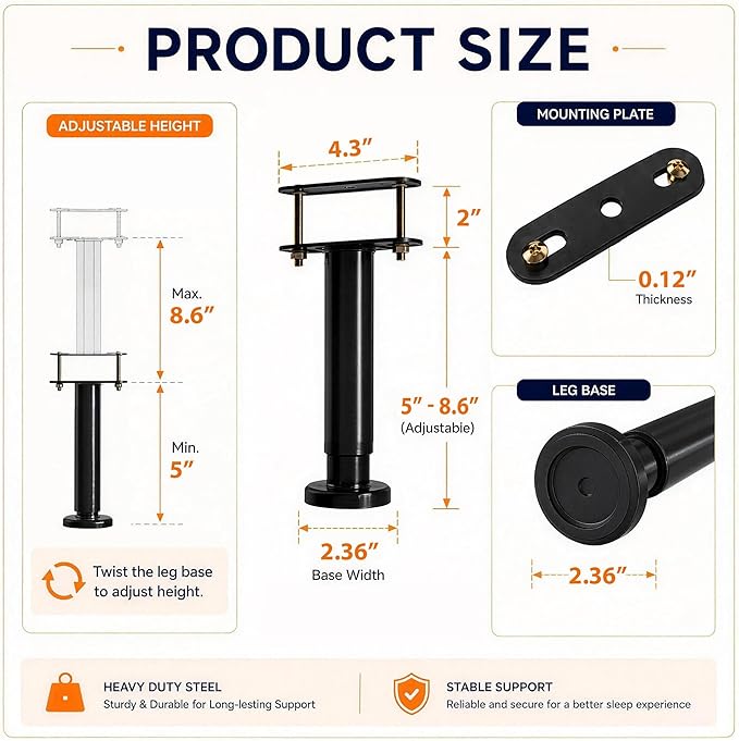 2Pcs Adjustable Height Bed Frame Support Leg, Extra Sturdy Steel Bed Frame
