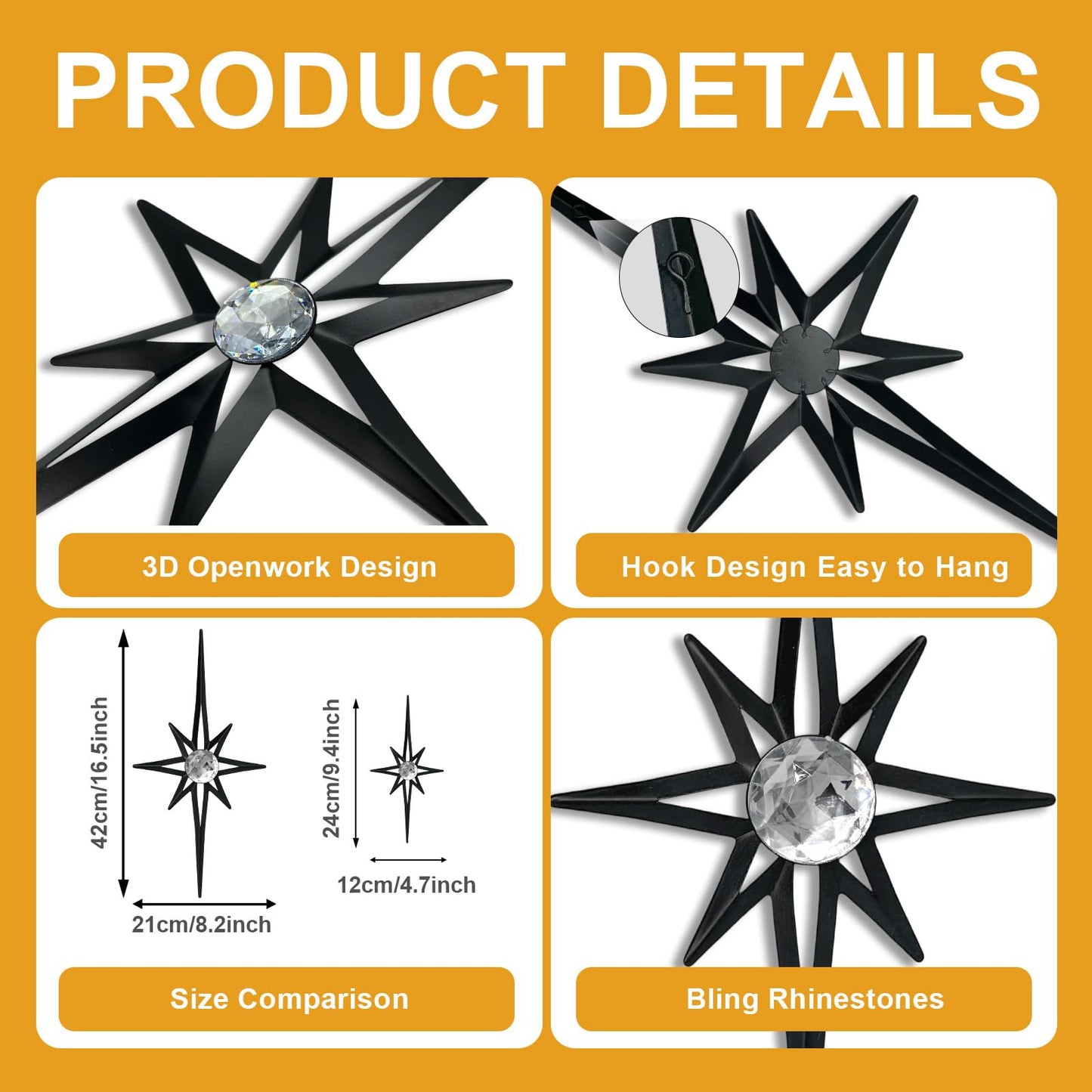 sxnzequnze 4 Pcs Star Wall Art for Home Decor Living Room Bedroom Office Metal 3D,Bling,with Hanging Hook Starburst Midcentury Sculpture Retro Gallery Accent Celestial -Black 16.5in/9.4in