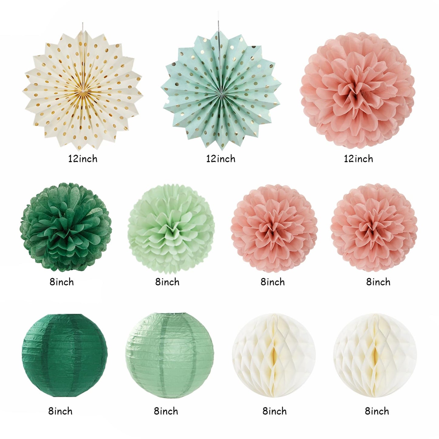Sage-Green Pink-Gold Boho-Rustic Birthday Party-Decorations - 21pcs Happy Banner,Olive Retro Beige Paper Lanterns Pom Poms,Neutral Streamers Garland,Women Girls Decor Supplies Huglony