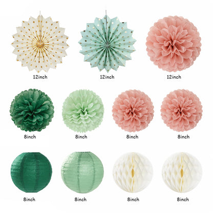 Sage-Green Pink-Gold Boho-Rustic Birthday Party-Decorations - 21pcs Happy Banner,Olive Retro Beige Paper Lanterns Pom Poms,Neutral Streamers Garland,Women Girls Decor Supplies Huglony