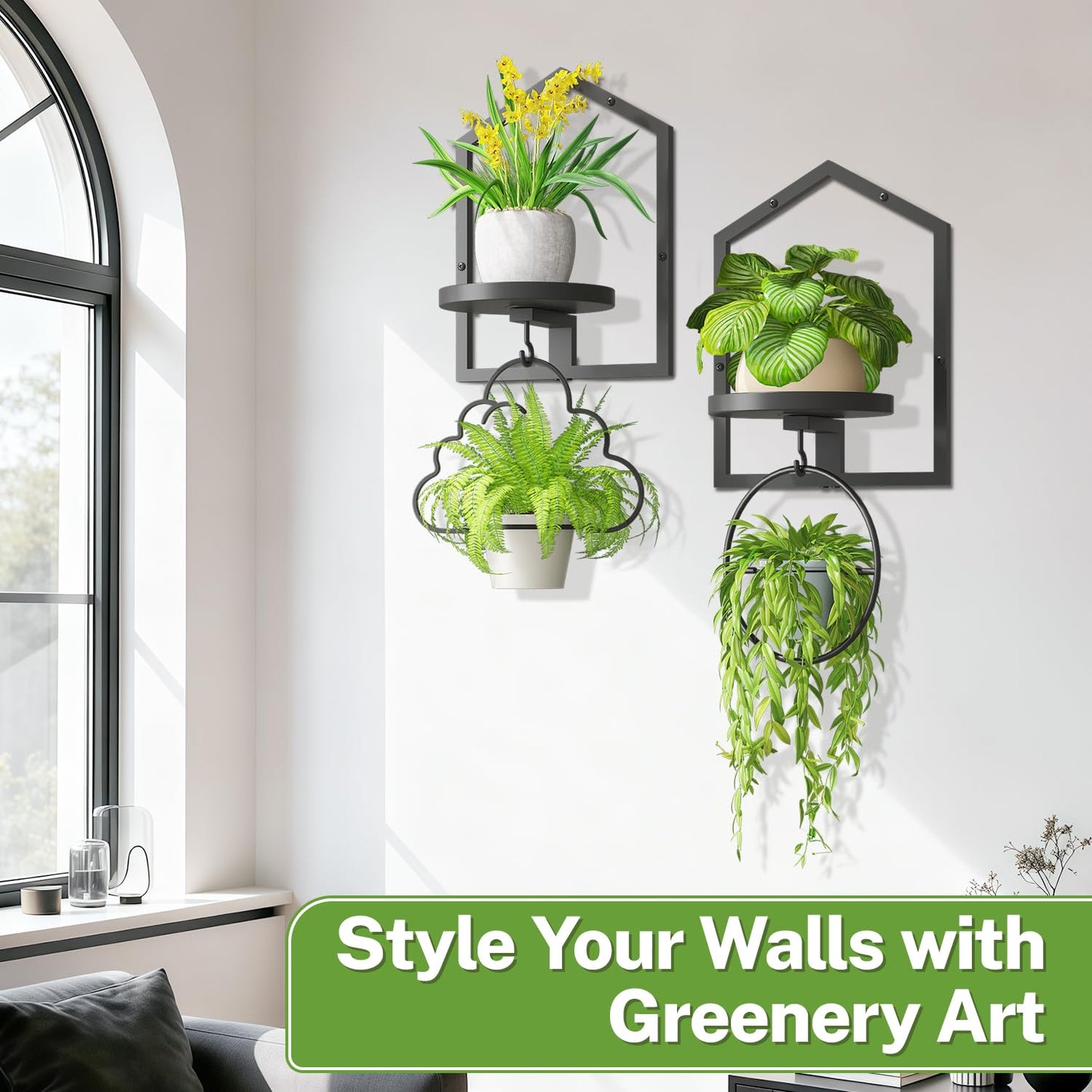 iDavosic.ly Wall Plant Picture Frame Holder Set of 2 for Indoor, Metal Stand with Hanging Hooks, Floating Flower Display Home Decor, Space Saving & Easy to Assemble (Pots/Chains/Plants Not Included)