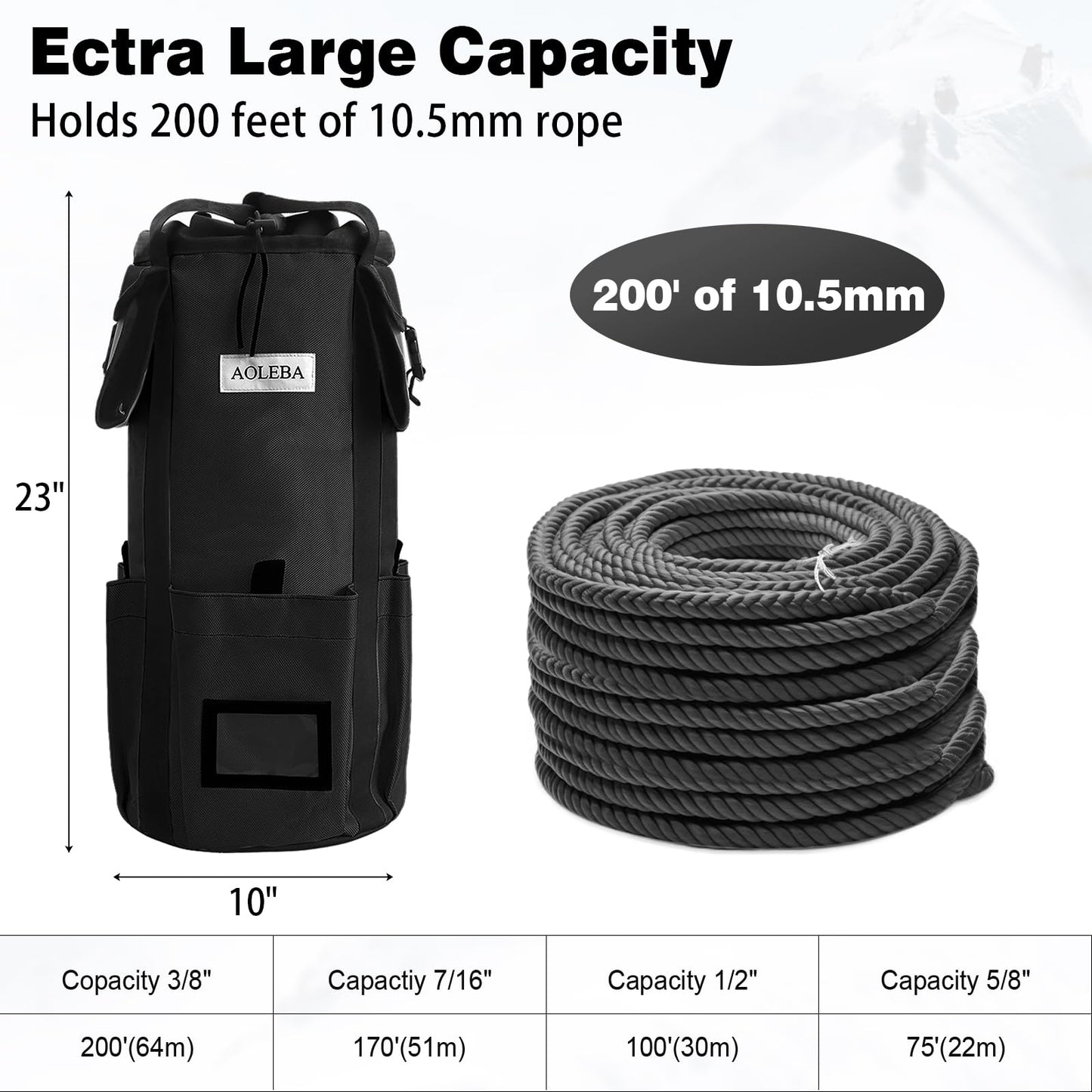 AOLEBA Arborist Rope Storage Bag Tree Climbing Rock Rope Bucket Backpack Rope Storage Bag 200' Large Capacity 1680D Thicken Nylon Material with Hand Straps, Side Pockets - Black