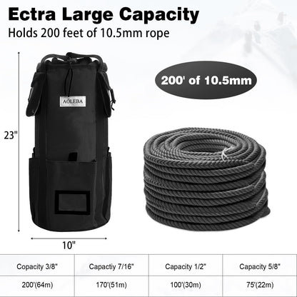 AOLEBA Arborist Rope Storage Bag Tree Climbing Rock Rope Bucket Backpack Rope Storage Bag 200' Large Capacity 1680D Thicken Nylon Material with Hand Straps, Side Pockets - Black