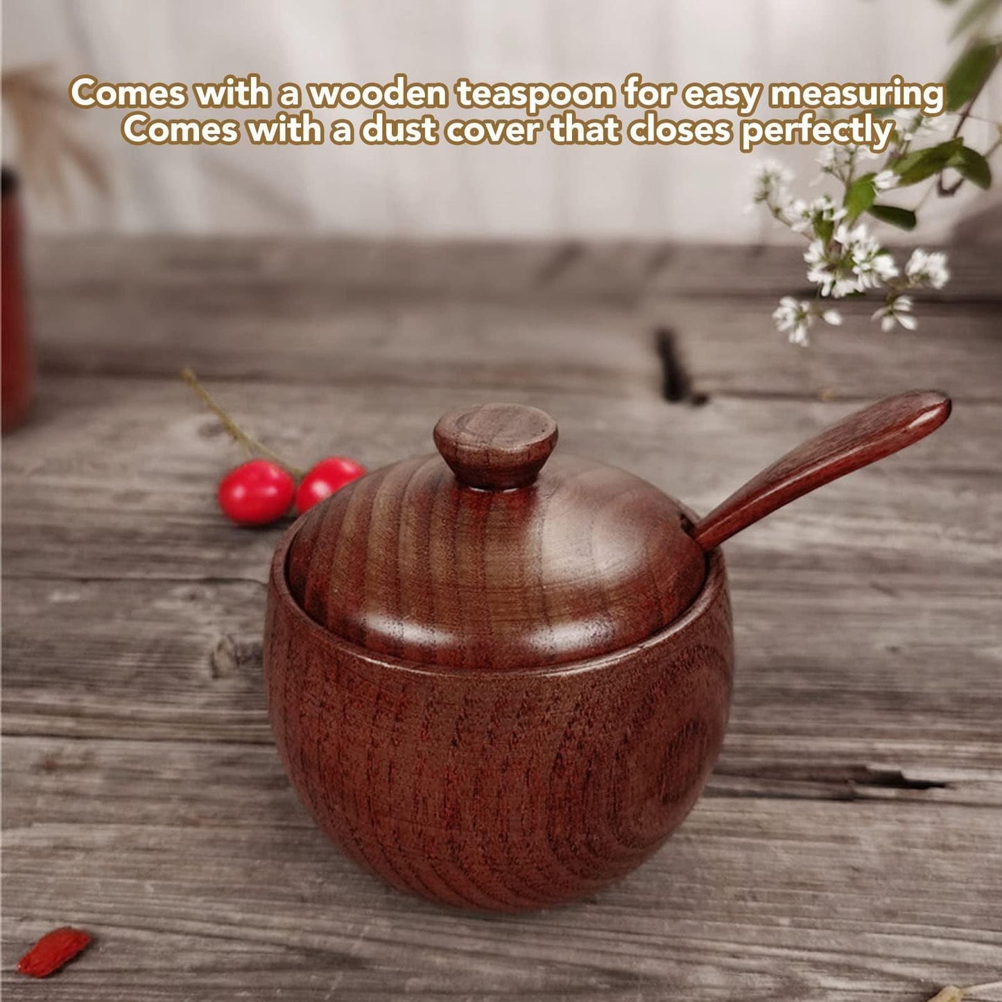 Wooden Salt Box with Lid Spoon, Sugar Bowl Seasoning Container Holder Salt Spice Jar Box Salt Keeper, Pepper, Tea Container for Kitchen Countertop Restaurant