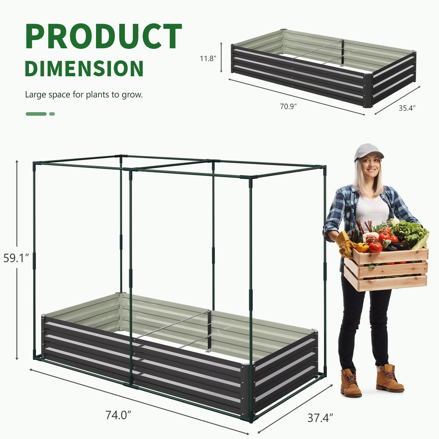 UrGROWA Galvanized Raised Garden Bed with Crop Cage Plant Protection Net Tent Kit for Garden Plant, 71"x35.4"x 59" Plants Protection Tent Cage Metal Planter Box Bottomless Planting Vegetables Outdoor