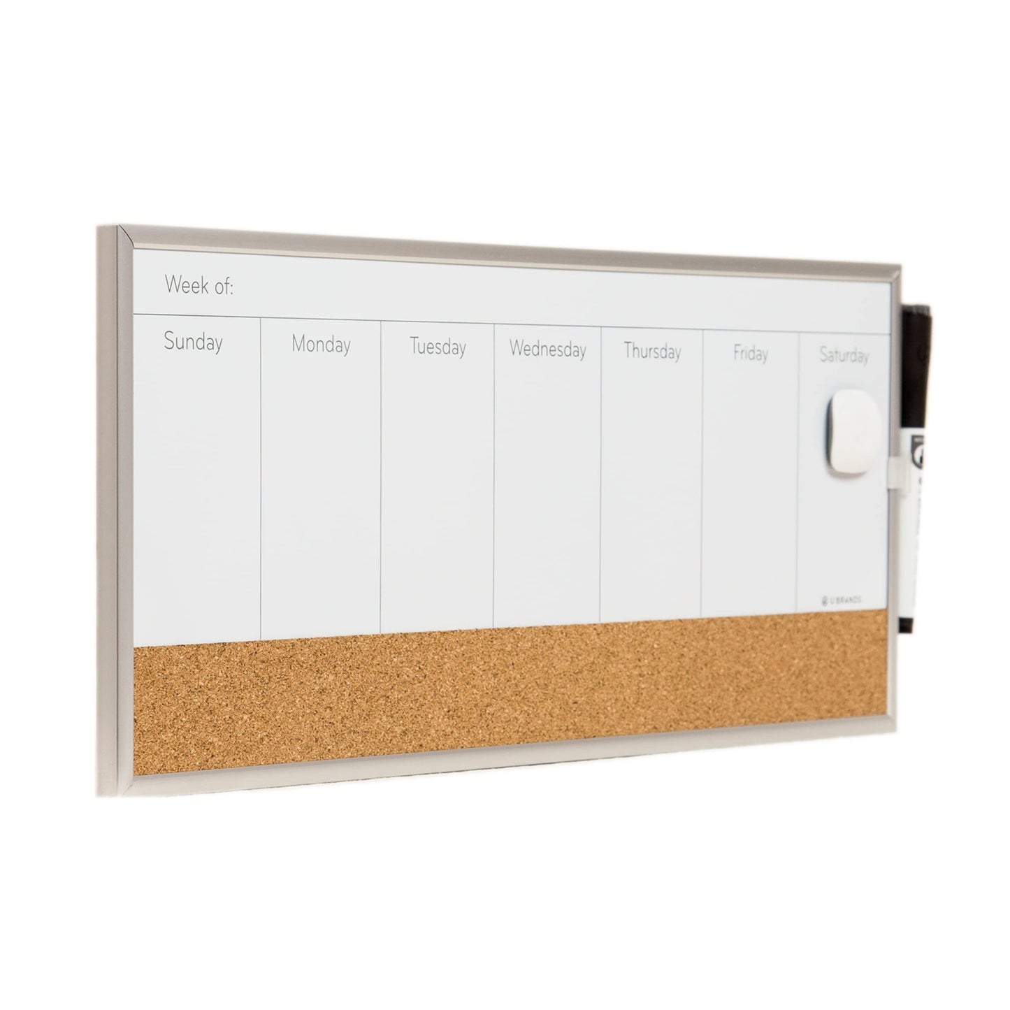 U Brands Magnetic Dry Erase Weekly Calendar Board With Cork Strip, 18"x7.5", Silver Aluminum Frame, Includes Magnet, Marker