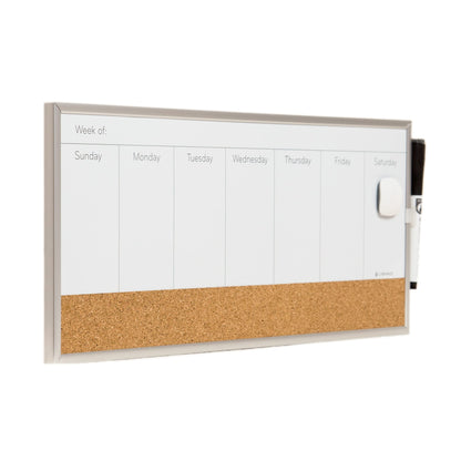 U Brands Magnetic Dry Erase Weekly Calendar Board With Cork Strip, 18"x7.5", Silver Aluminum Frame, Includes Magnet, Marker