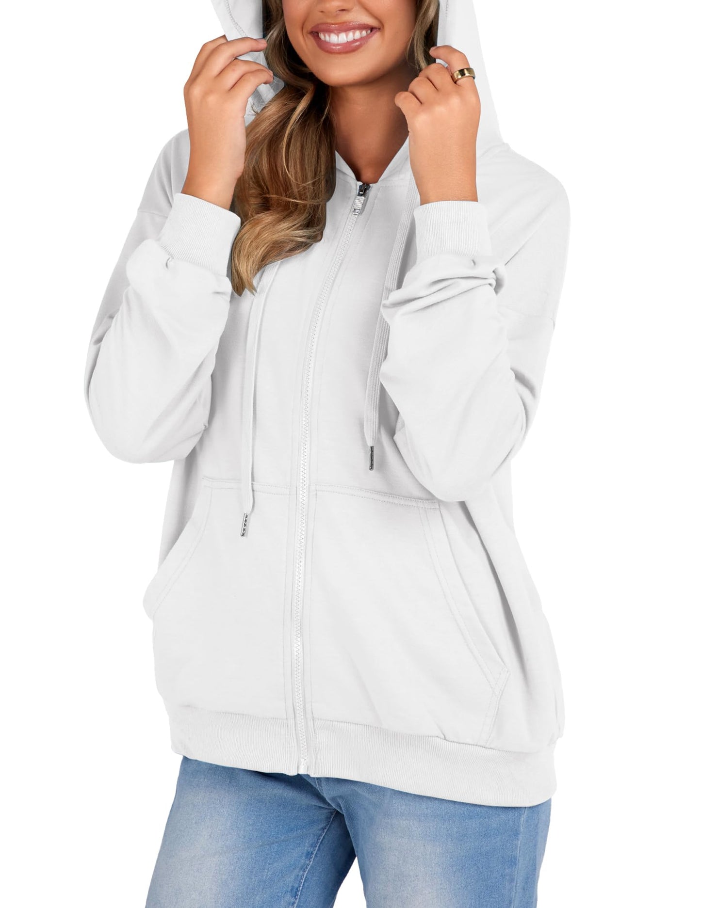 Zeagoo Women's Lightweight Hoodie with Pockets Oversized Sweatshirt Full-Zip Hooded Jacket Long Sleeve White
