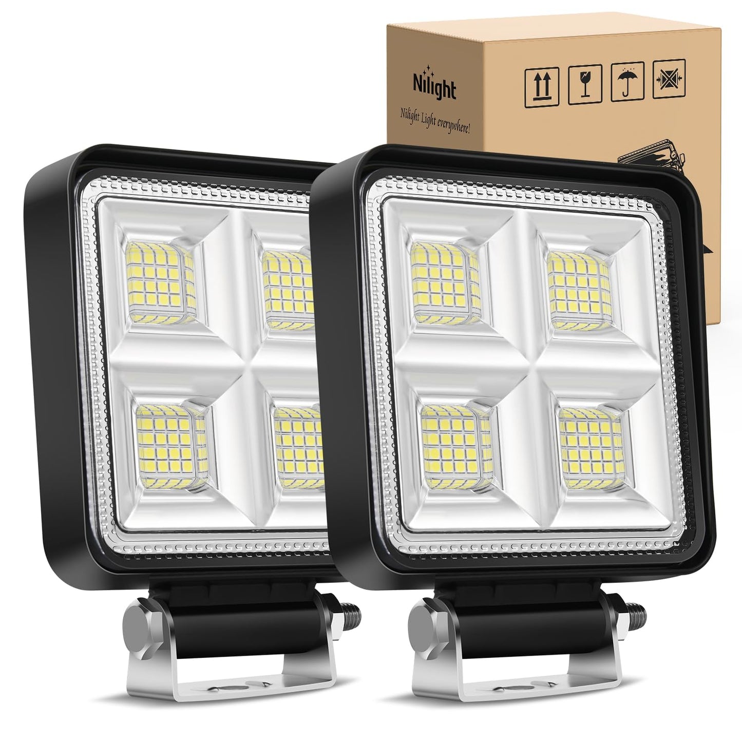 Nilight LED Tractor Lights LED Pods Square 2PCS 4 Inch 64LEDs Flood Bar Fog Driving Work Lighting for Truck Off Road Vehicles ATV UTV Boat