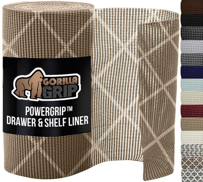GORILLA GRIP powerGRIP Drawer Shelf and Cabinet Liner, Thick Strong Hold, Non-Adhesive Liners Protect Kitchen Cabinets and Cupboard, Bathroom Drawers, Easy Install, Breathable Mat, 12" x10', Beige
