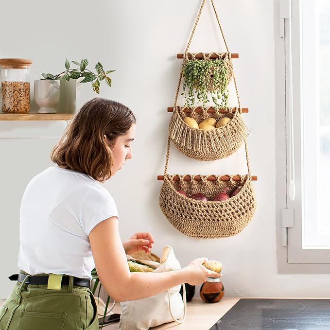 Hanging Fruit Basket, 3 Tier Over the Door Organizer, Handmade Woven Jute Wall
