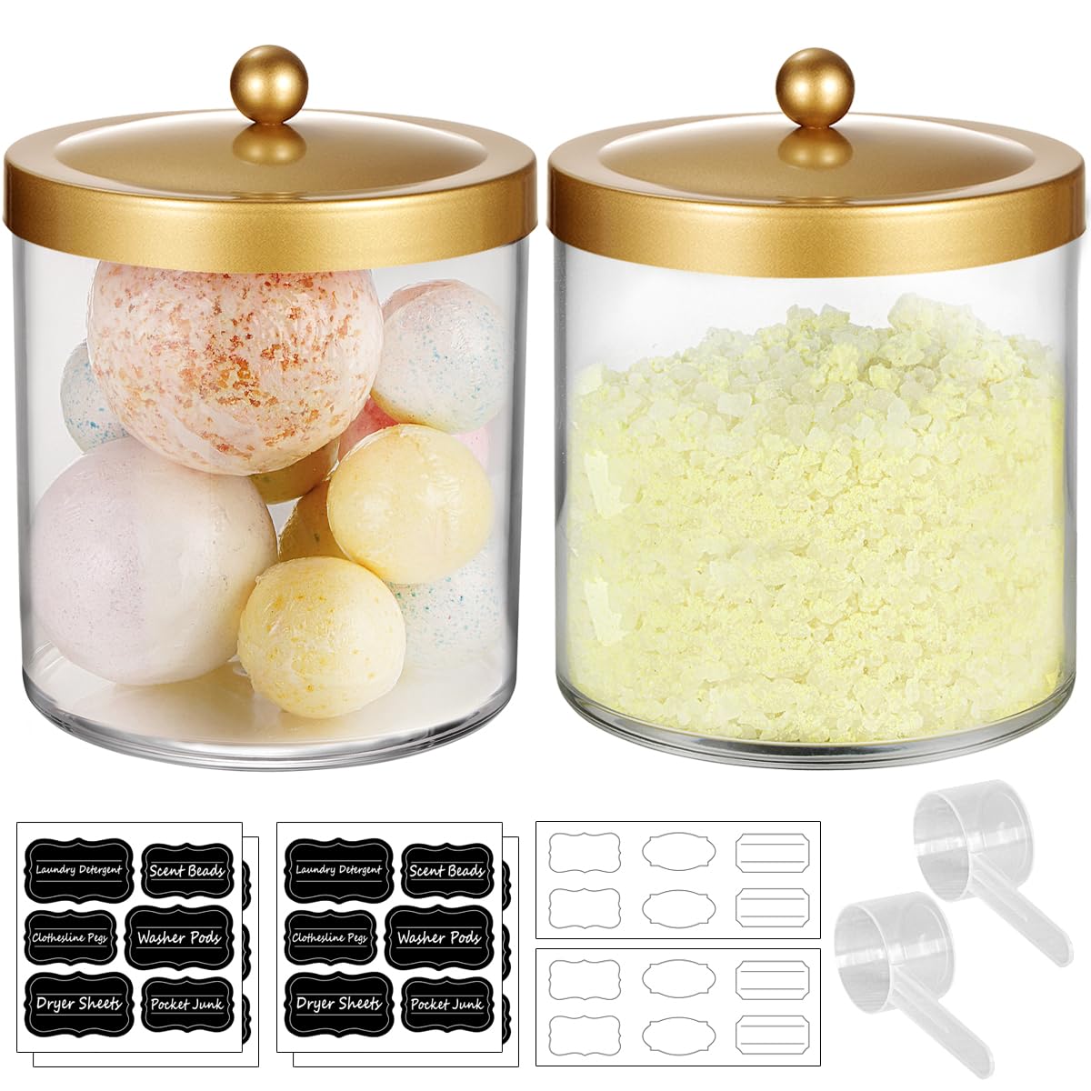 2 Pack 50 Ounce Large Clear Apothecary Jar with Gold Rust-Proof Lid - Shatterproof Plastic Storage Canister - Modern Luxury Bathroom Vanity & Laundry Room Organizer for Pods, Bath Salts