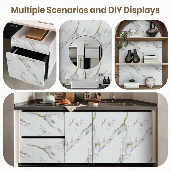 practicalWs Glossy Marble Wallpaper Peel and Stick White/Gold Granite Contact