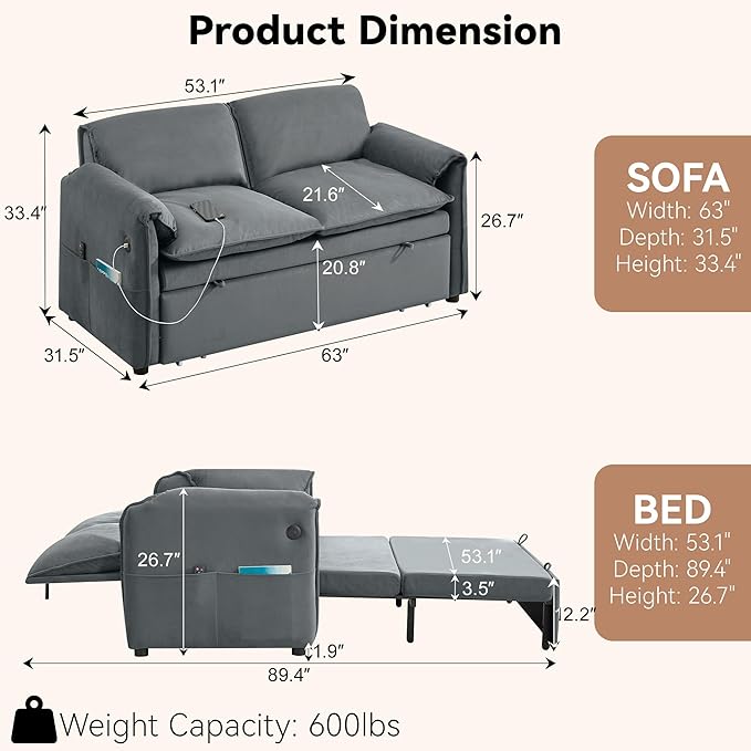 63" Velvet 3 in 1 Convertible Sleeper Sofa Bed, Pull Out Couch Bed Loveseat