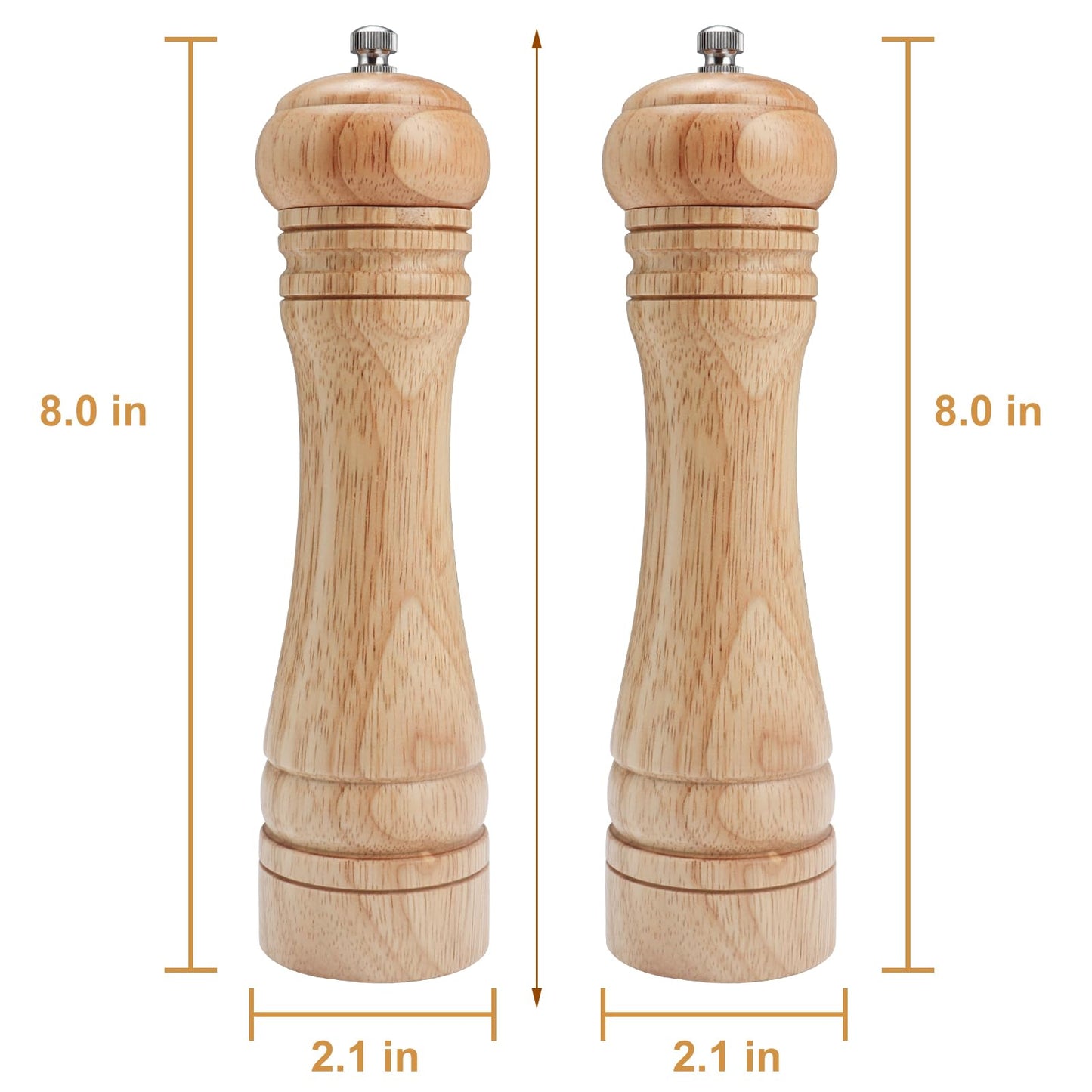 Gulex® Wood Pepper Grinder Pepper Mill,Adjustable Coarseness 8 Inch Wooden Peppermill, Ceramic Grinding Mechanism Salt Mill Refillable (1 pack) (Light-2PC)