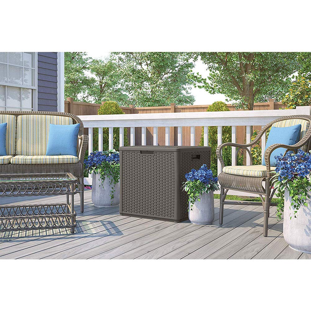 Suncast 60 Gallon Outdoor Weather Resistant Hard Plastic Storage Cube Deck Box Bin with Handles and Lid for Patio, Garden, or Shed, Stoney