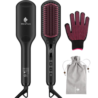 Enhanced Ceramic Hair Straightener Brush by MiroPure, 2-in-1 Ionic Straightening Brush with Anti-Scald Feature, Auto Temperature Lock & Auto-Off Function (Black)