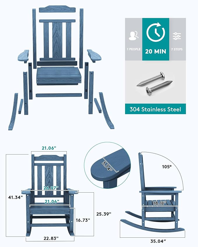 SERWALL Oversized Rocking Chair Outdoor, HDPE Outdoor Rocking Chair, Blue