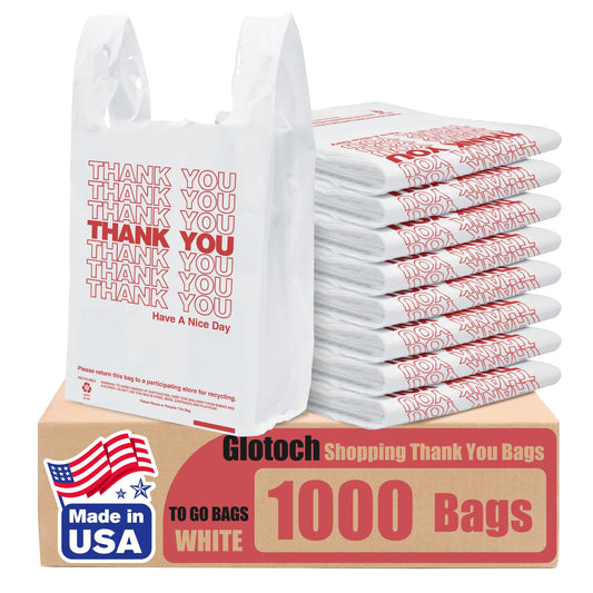 Glotoch Plastic Thank You Bags 1000 Count, 12" x 6.5" x 21" White Grocery Bags with Handles for Restaurant, Retail, Grocery Store, Takeout, Convenience Stores, T-shirt Shopping Bag in Bulk