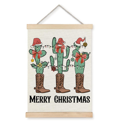 Western Christmas Wall Decor, Christmas Red Bow Cactus Cowboy Boots Wall Art With Wooden Poster Hanger, Christmas Wall Decoration, Western Christmas Wall Art Decor for Home Office, 12x16 Inch