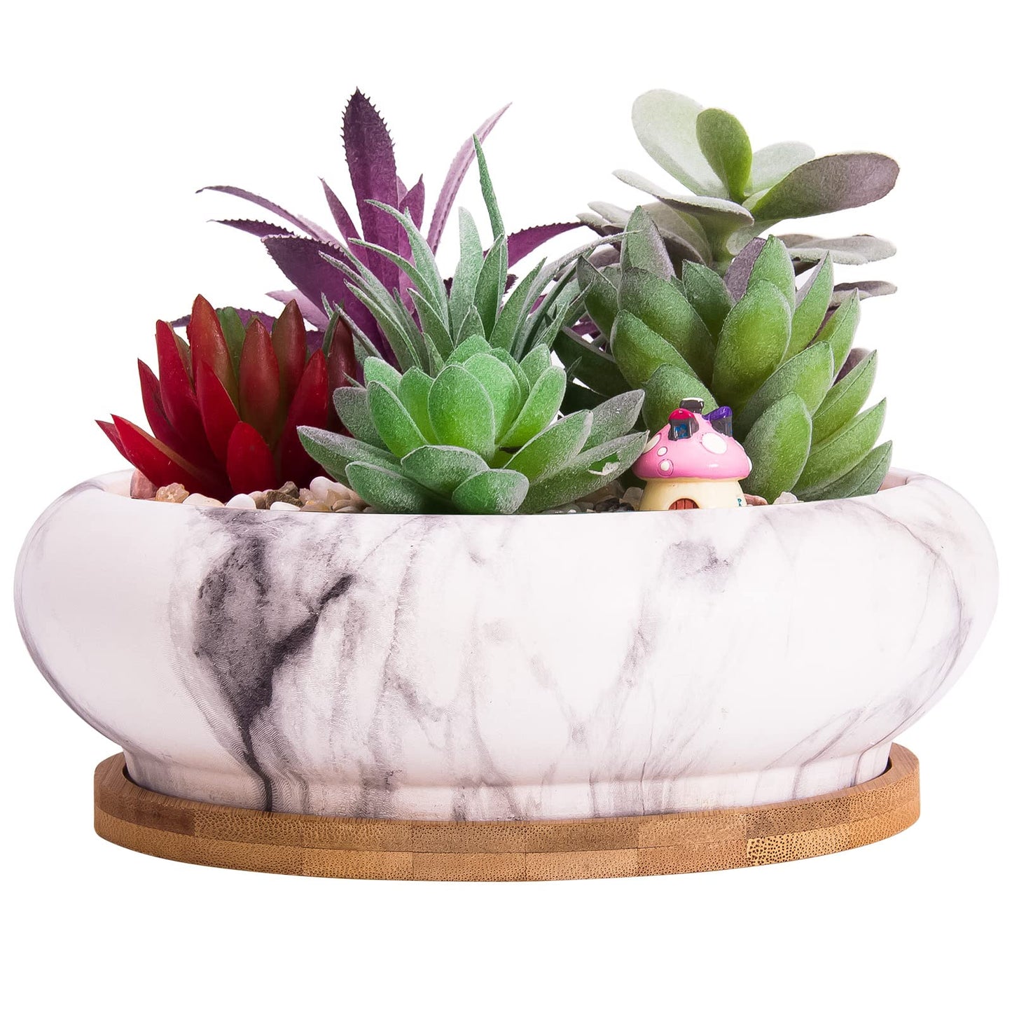 ARTKETTY Succulent Pots - 7.3 Inch Ceramic Bonsai Pots with Trays Set of 2, Large Succulent Plant Pots with Drainage Shallow Planters for Indoor Plants Marble Cactus Flower Plant Container Bowl