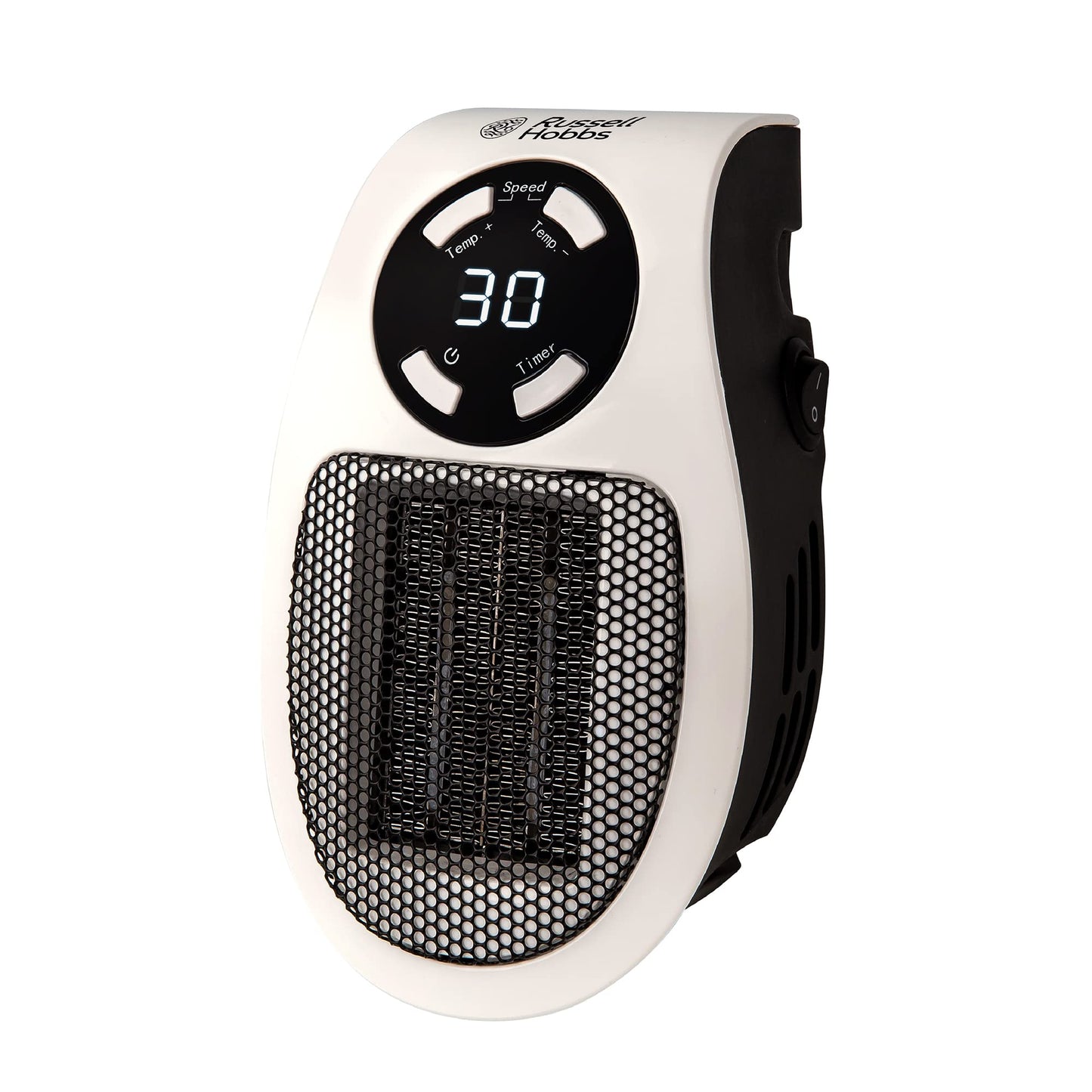 Russell Hobbs RHPH2001 500W Ceramic Plug Heater, Adjustable thermostat, 12 Hour Timer & LED Display, 2 Fan Speeds, 2 Year Guarantee, White
