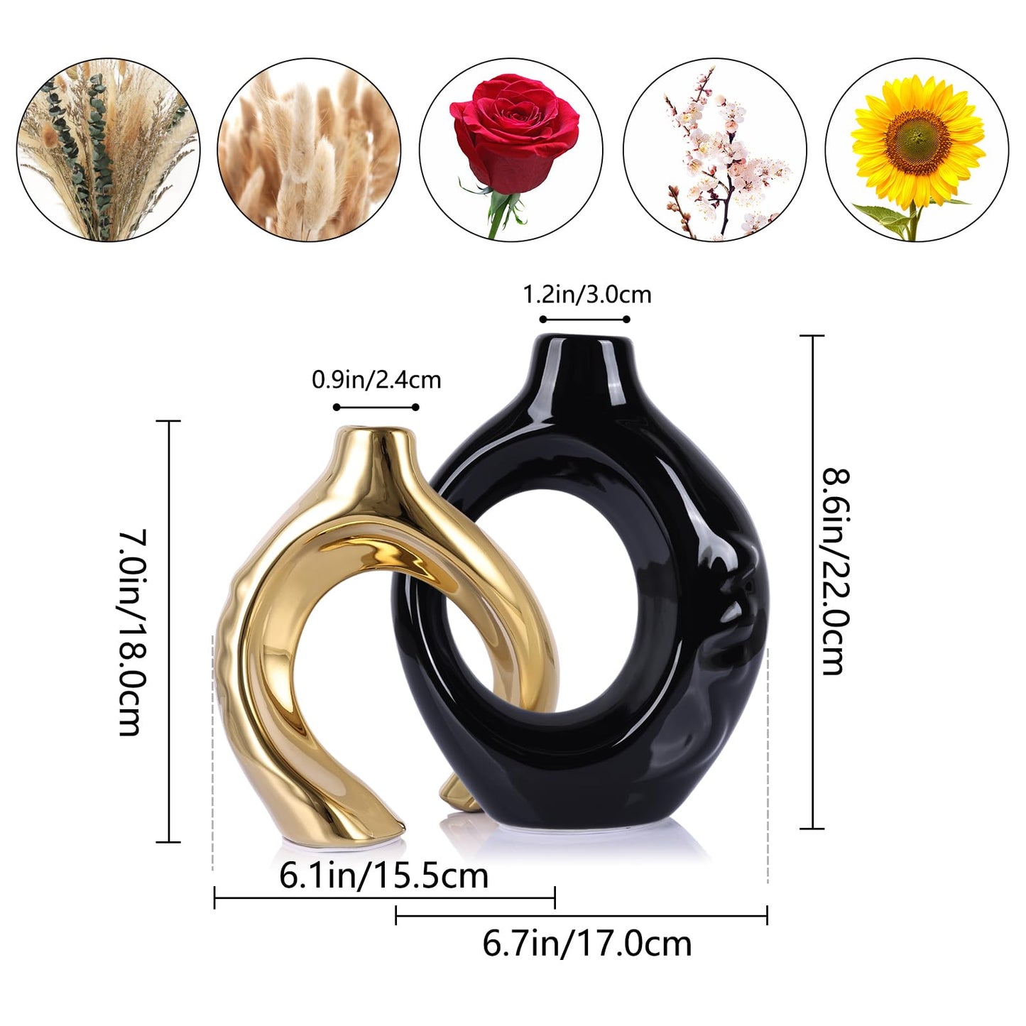 LCCCK Boho Black and Gold Ceramic Vases for Home Decor - Small Hollow Donut Vases for Living Room Table Wedding Centerpiece
