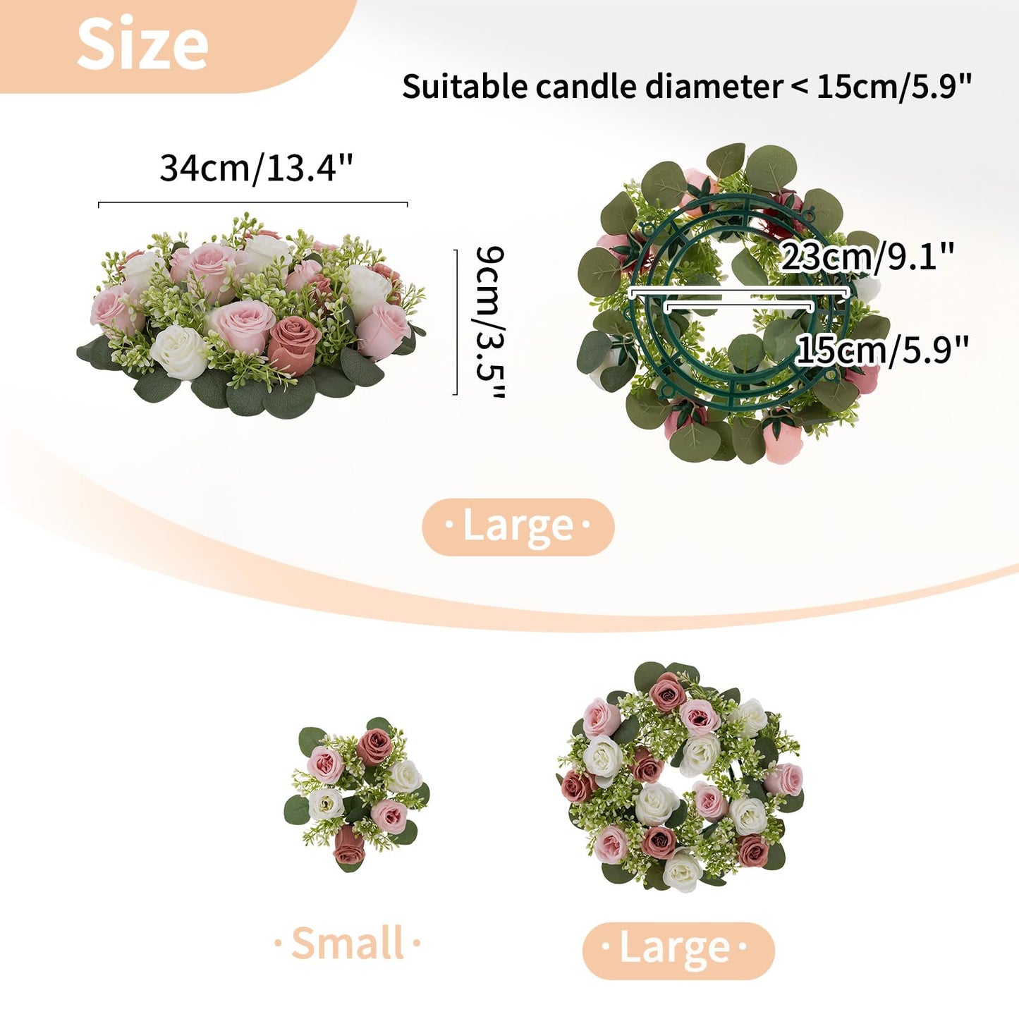 NUPTIO Flower Candle Rings for Centerpieces: 13.4 Inch Artificial Rose Wreath for Wedding Party Christmas - Dusty Rose & White Wreaths for Spring Summer Front Door Porch Table Decor 6 Pcs