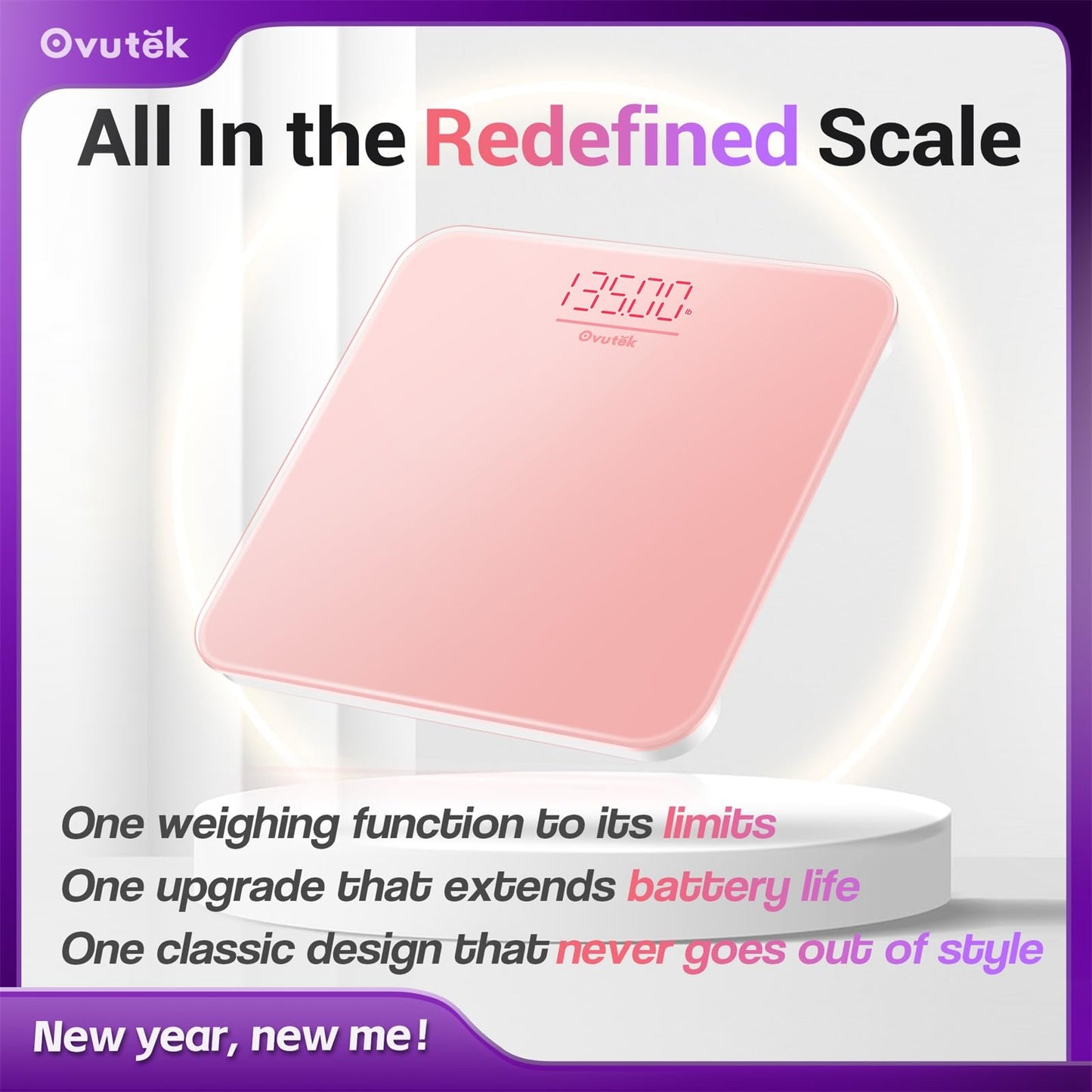 Ovutek Bathroom Scale for Body Weight, Highly Accurate Digital Weighing Machine for People, Upgraded Batteries Included, Compact Size, LED Display, High Standards Sturdy Tempered Glass, 400lb, Pink